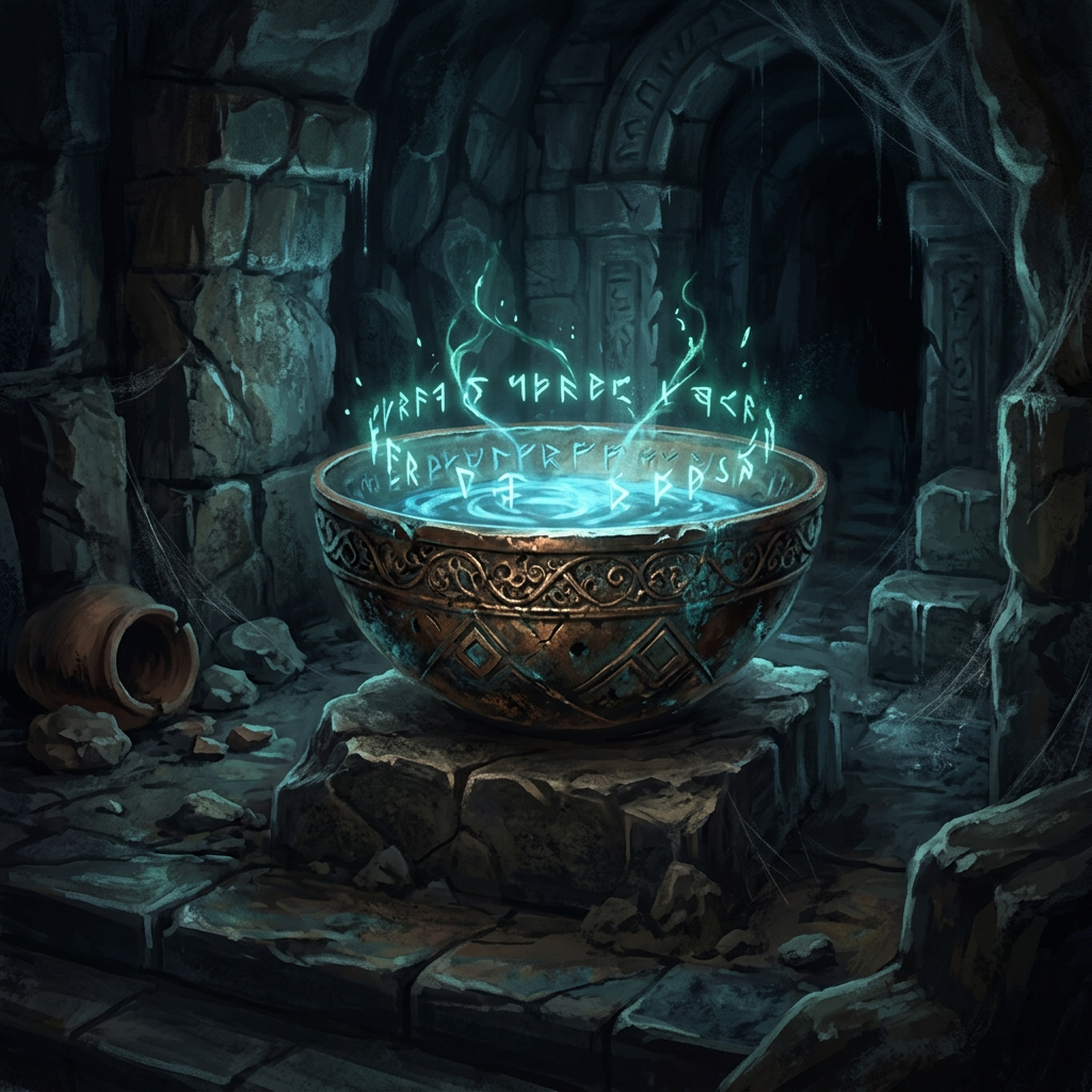 Stone basin with glowing blue runes floating above water in dark ancient chamber