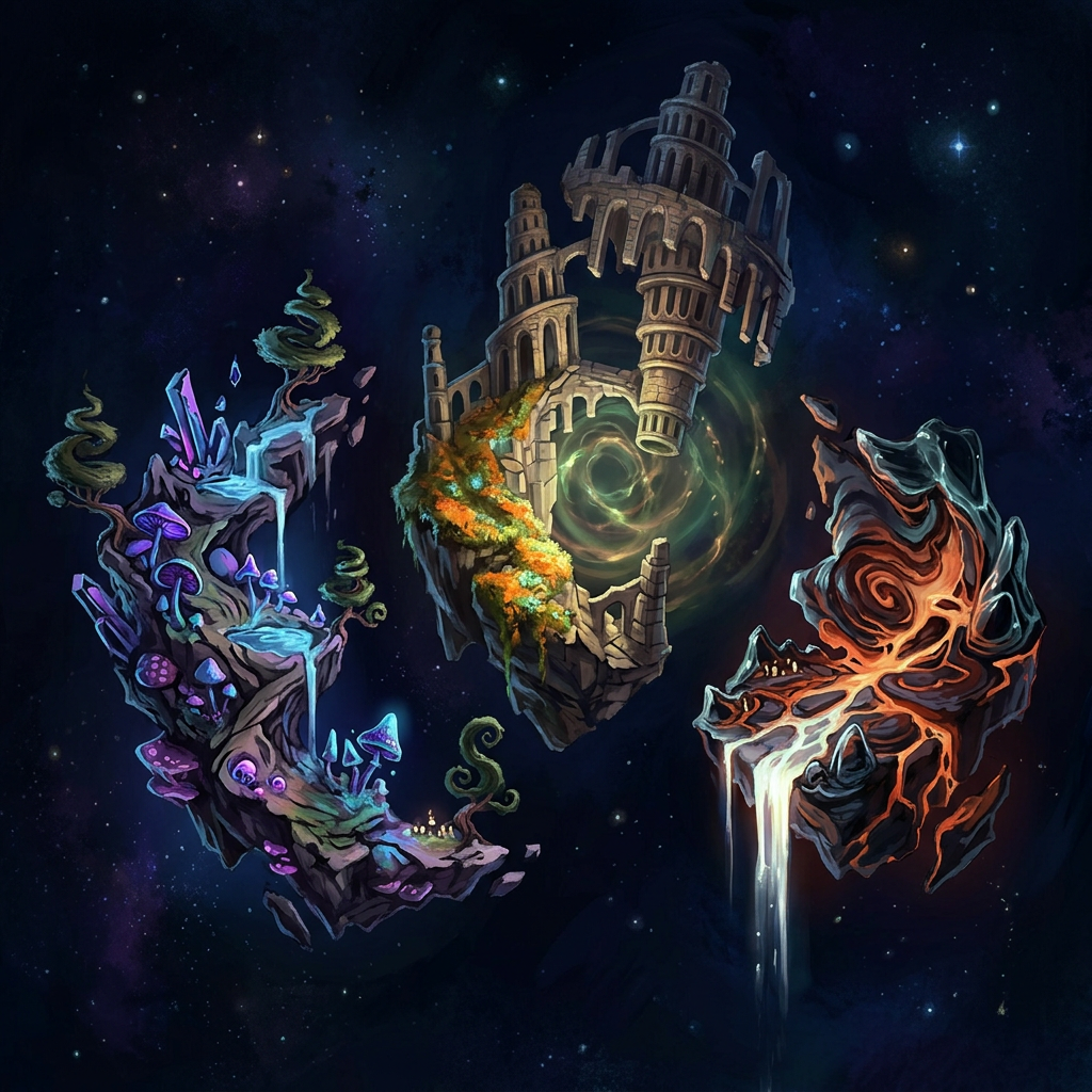 Three distinct floating islands with crystals and mushrooms, ancient stone ruins, and flowing lava against a starry cosmic background