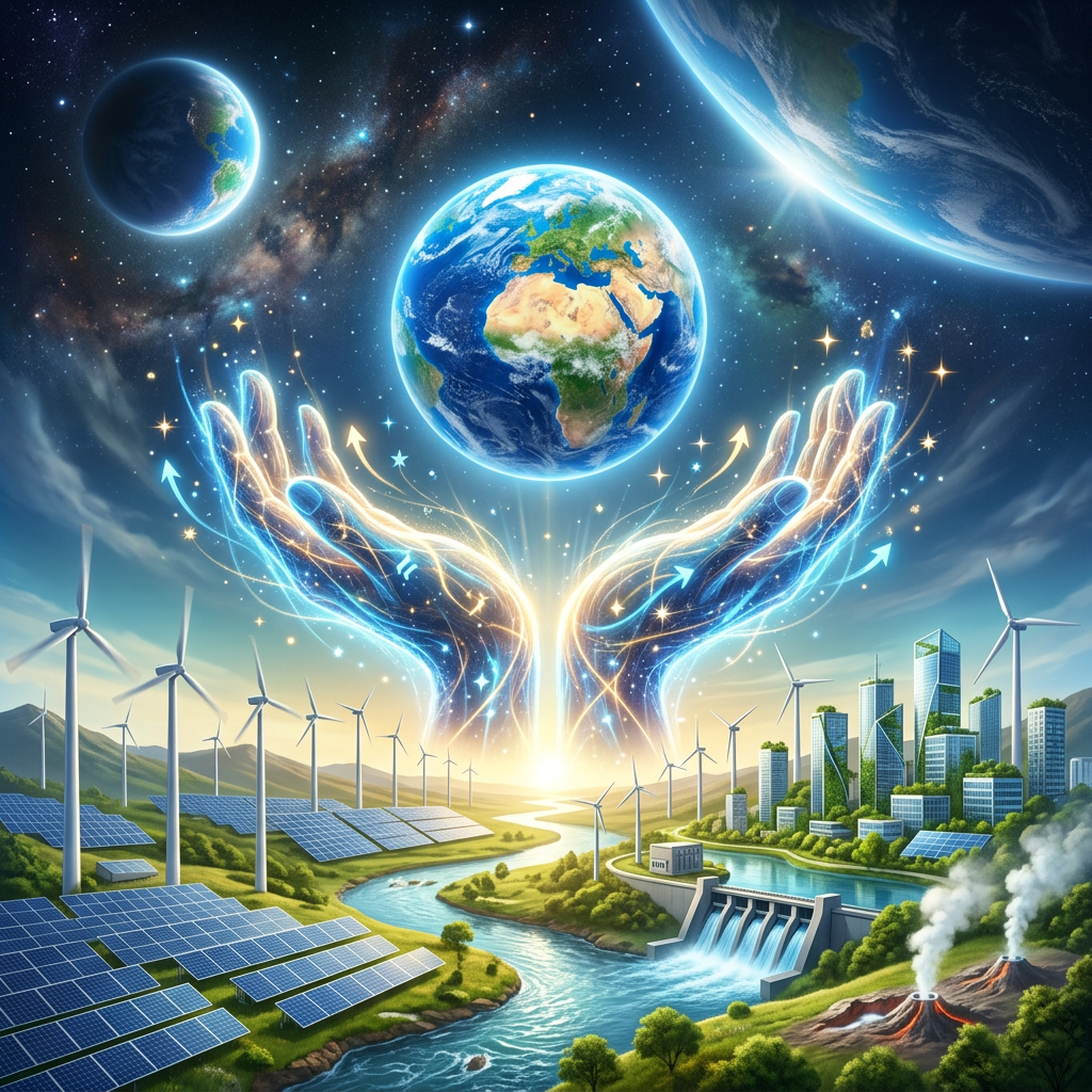 Hands holding Earth surrounded by wind turbines, solar panels, hydroelectric dam, volcanic energy, and green city