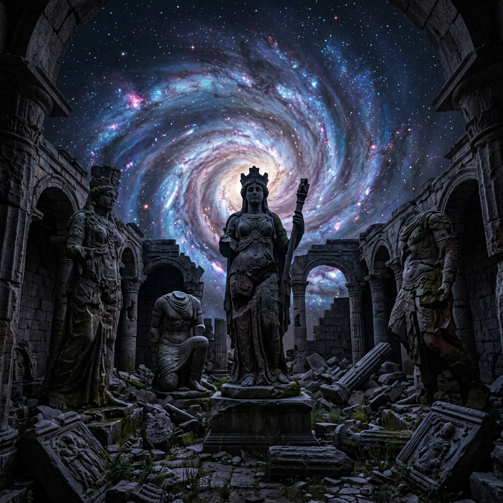 Ancient stone statues in ruins with a bright spiral galaxy in the night sky