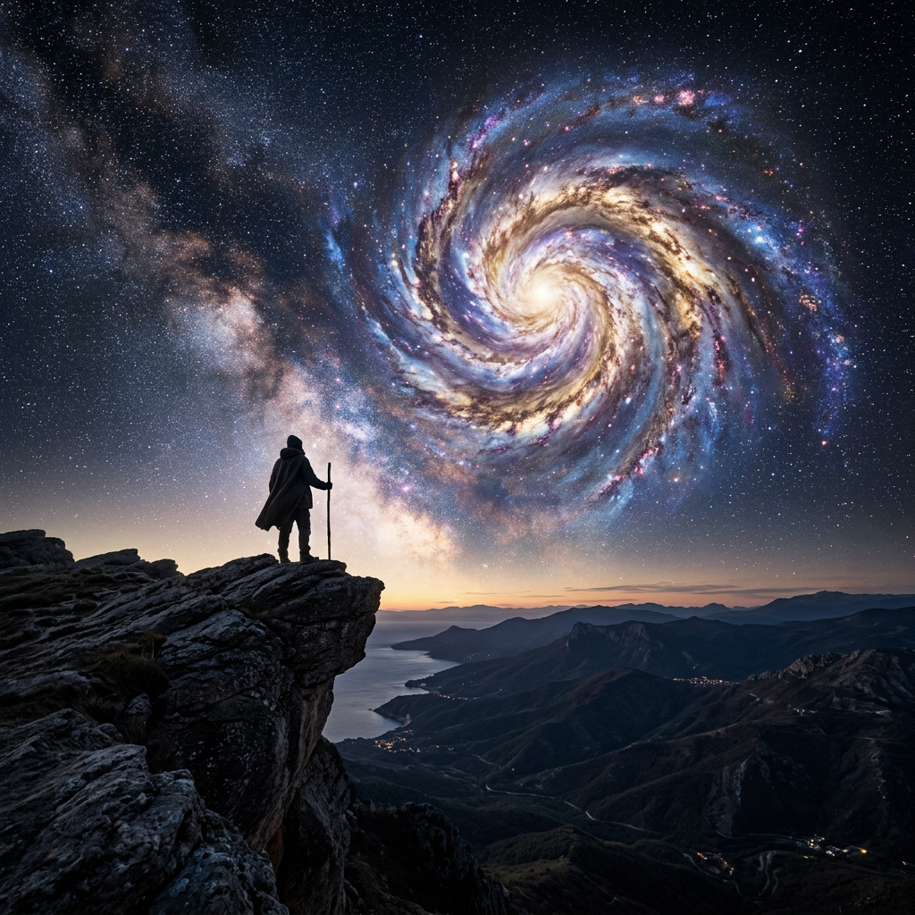 Silhouette of a person standing on rocky cliff overlooking mountains and waters under a star-filled sky with a bright spiral galaxy