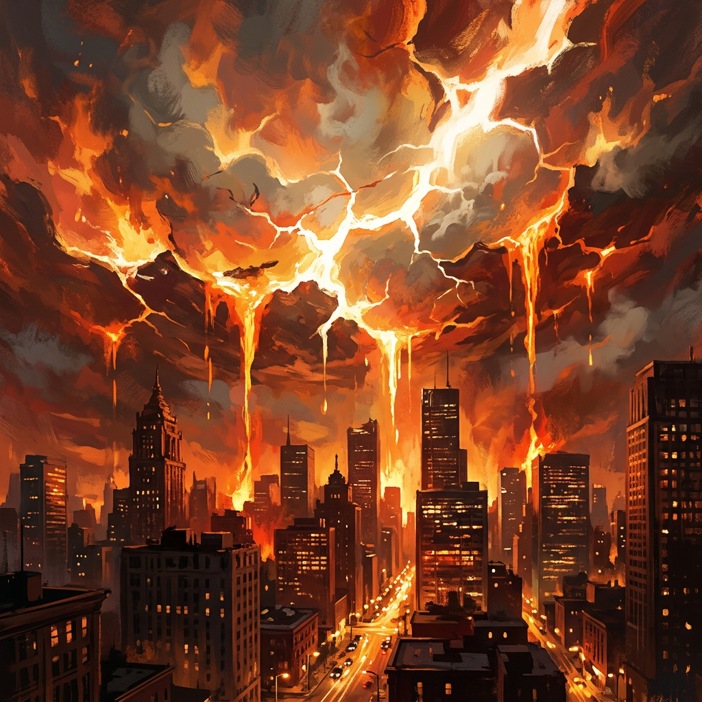 City skyline with molten lava and fire flowing from stormy orange clouds