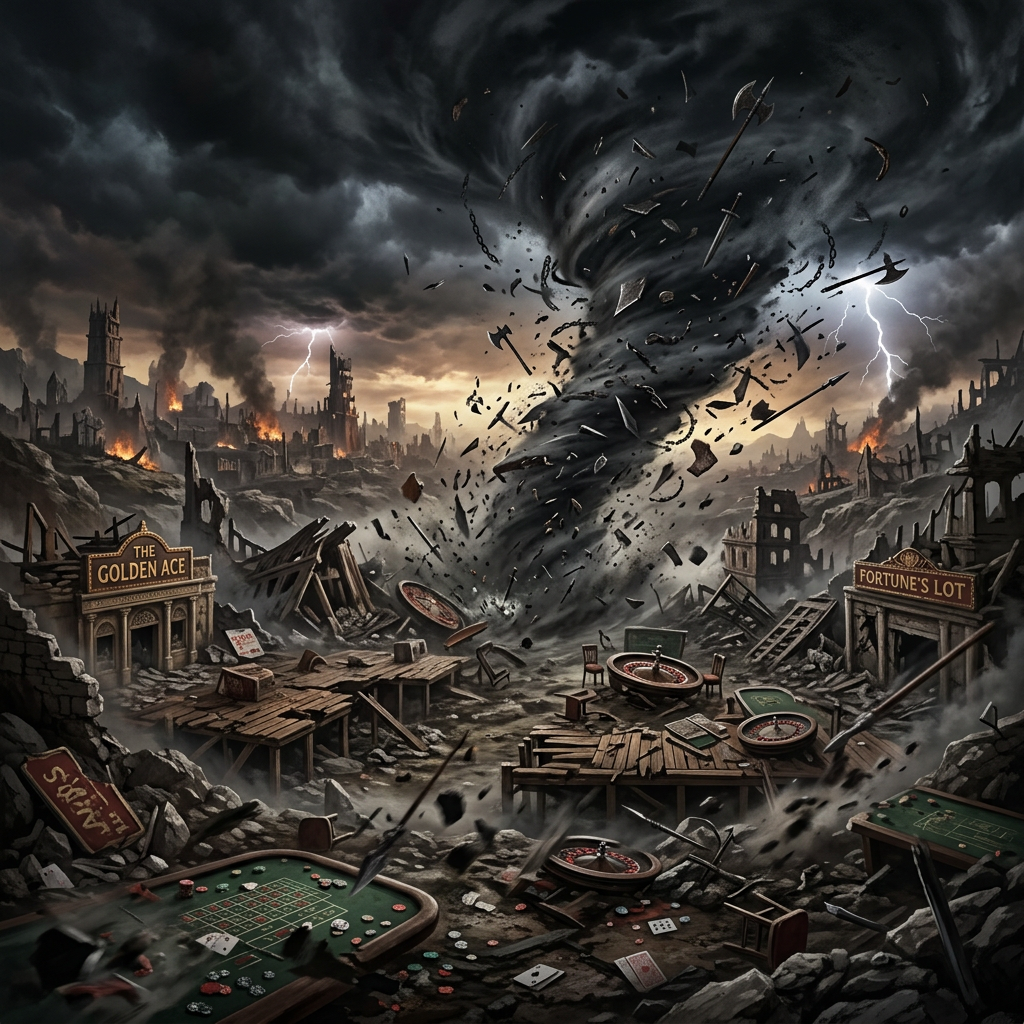 Ruined casino town with gambling tables and scattered debris destroyed by a violent tornado