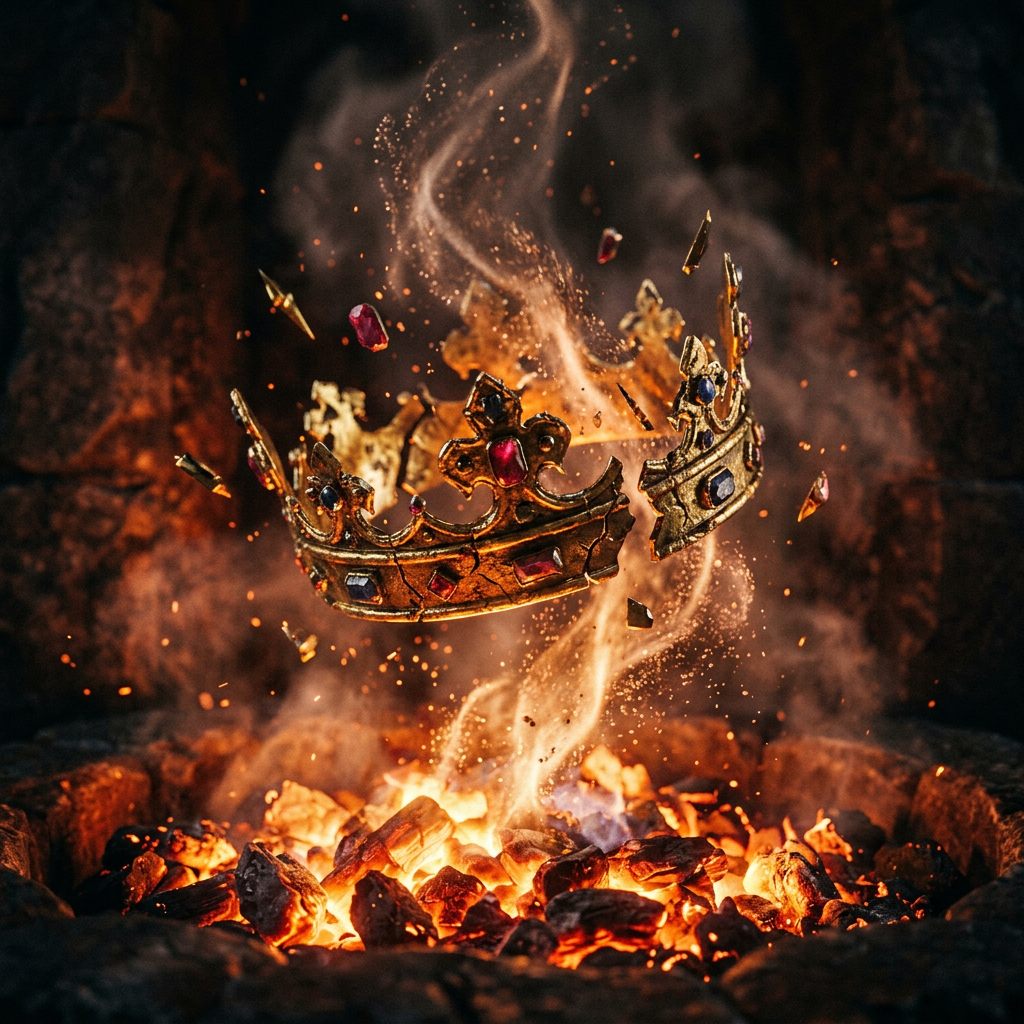 Golden jewel-encrusted crown breaking apart with fiery embers below