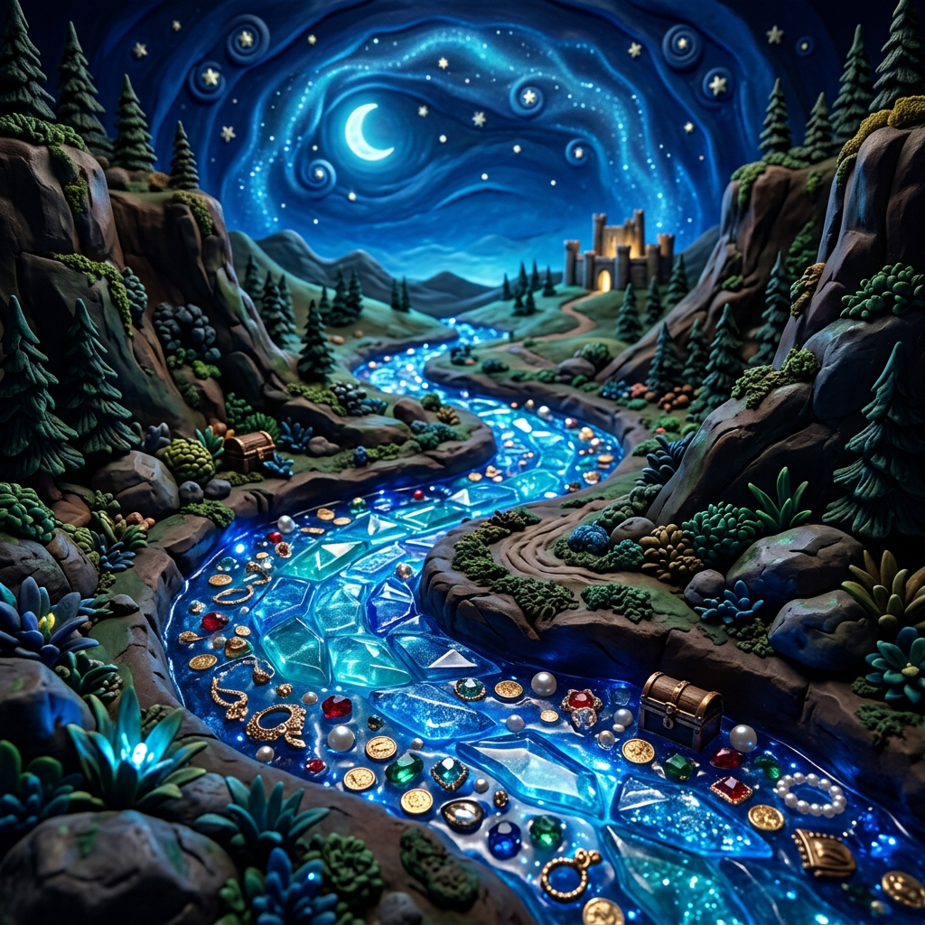 A glowing river filled with coins, gems, and treasures flowing through a forest valley at night with a starry sky and distant castle