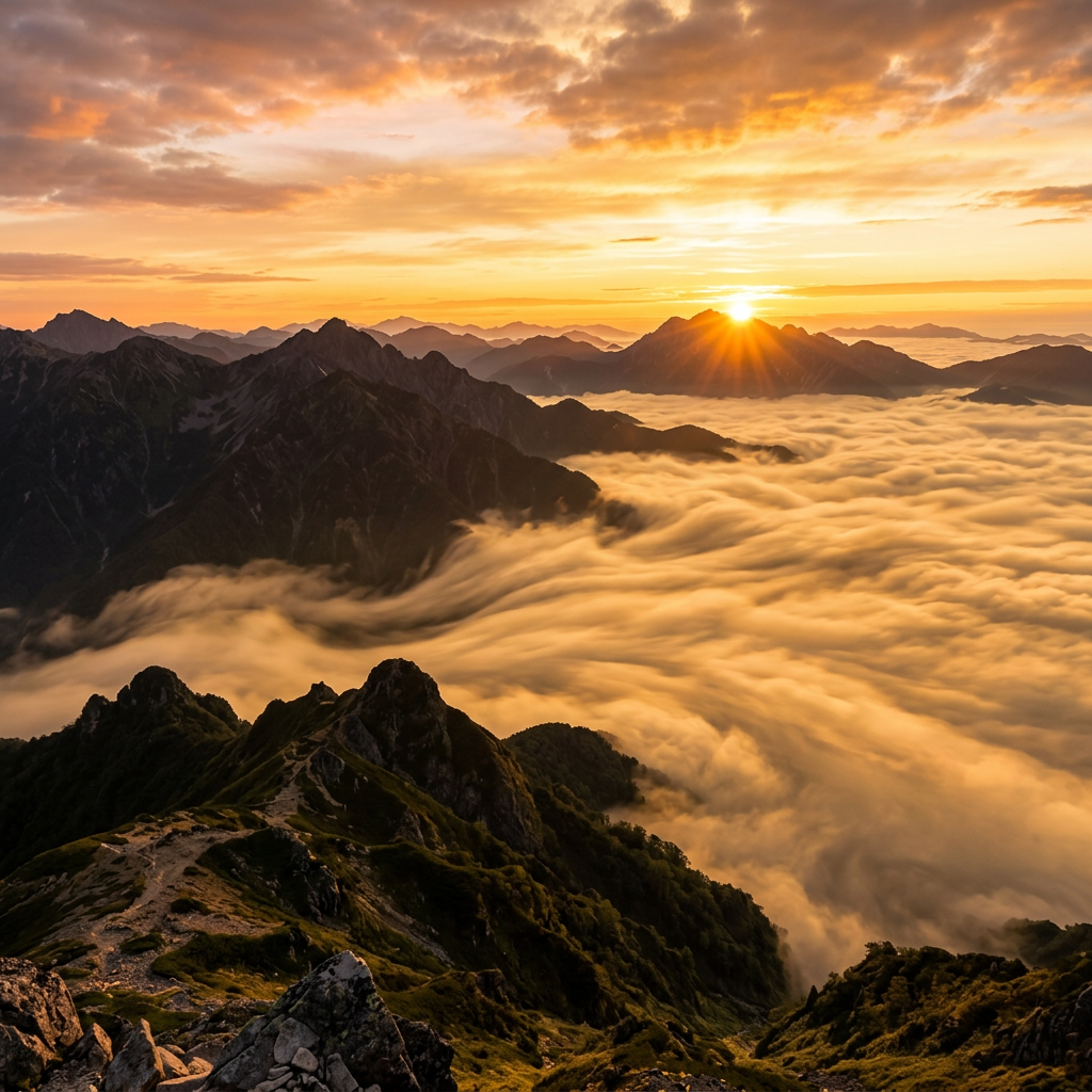Sun rising behind mountain peaks with mist filling valleys below at dawn