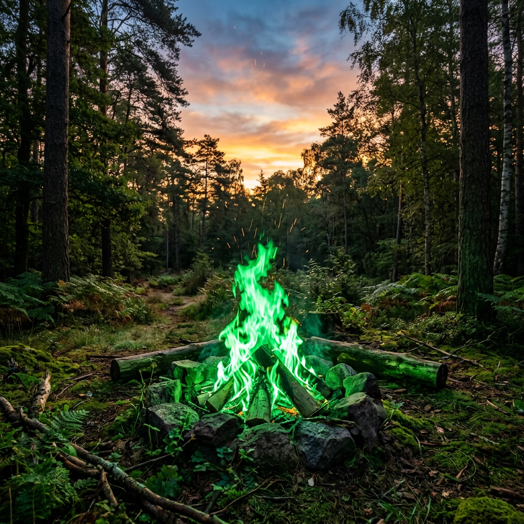 Campfire with green flames surrounded by stones in a forest at sunset