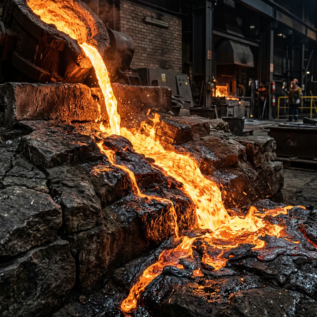 Molten metal being poured from a furnace into a mold on rough stones in a factory