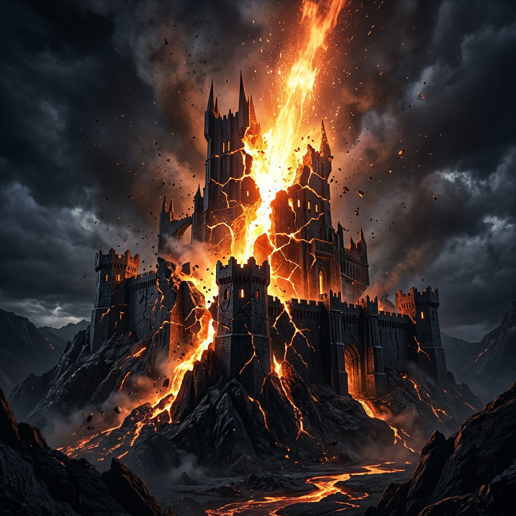 Medieval castle split and engulfed by erupting lava and fiery volcanic explosion