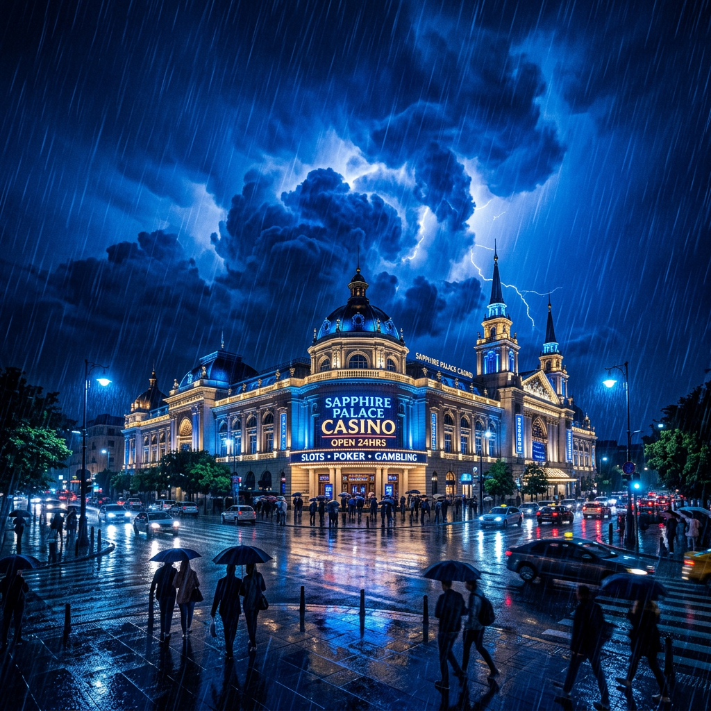 Sapphire Palace Casino building lit up at night during heavy rain with lightning in the sky and people with umbrellas crossing the street
