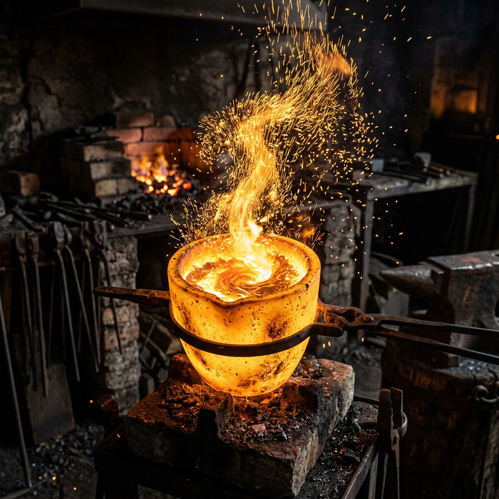 Glowing crucible with swirling molten metal and sparks in a foundry workshop