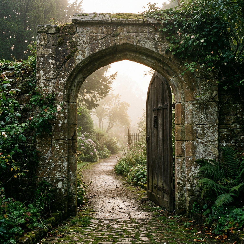 Open wooden door in a moss-covered stone archway leading to a misty garden path