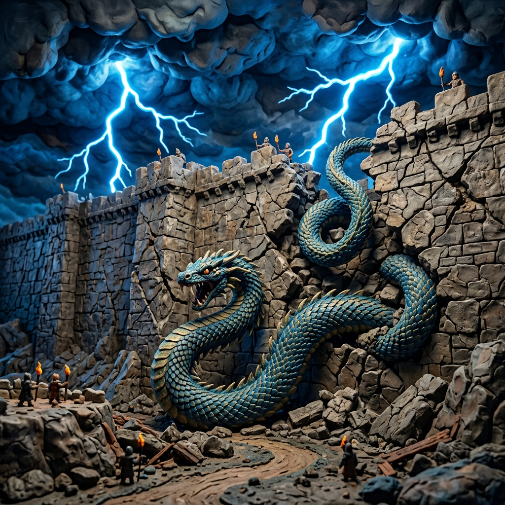 A giant serpent bursting through a castle wall while knights with torches stand guard and lightning strikes in the stormy sky