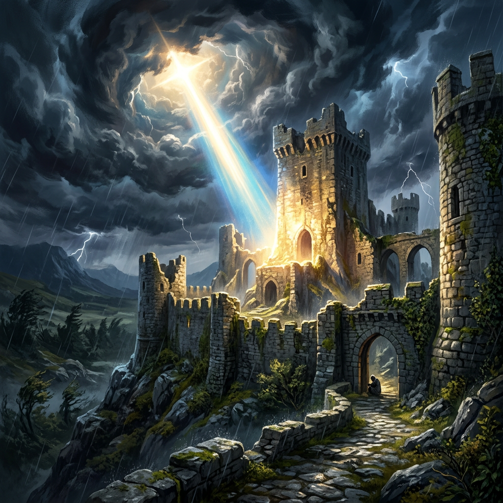 Ancient stone castle illuminated by bright beam of light breaking through dark storm clouds