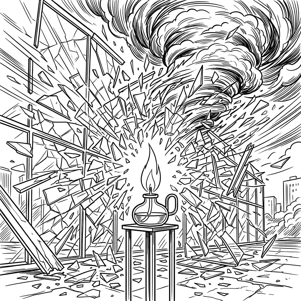 Oil lamp flame triggering explosion with flying glass shards and tornado