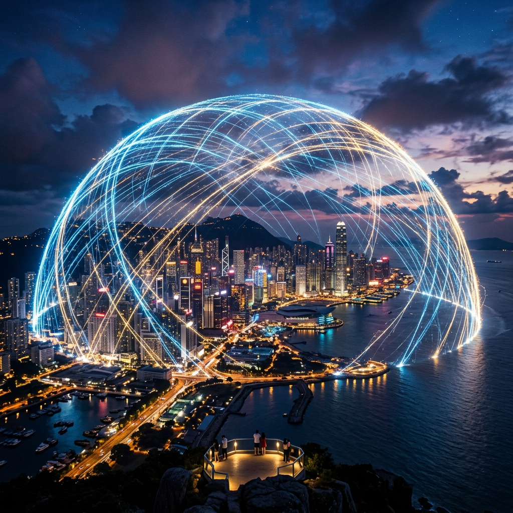 Night city skyline with glowing arcs representing digital network connections