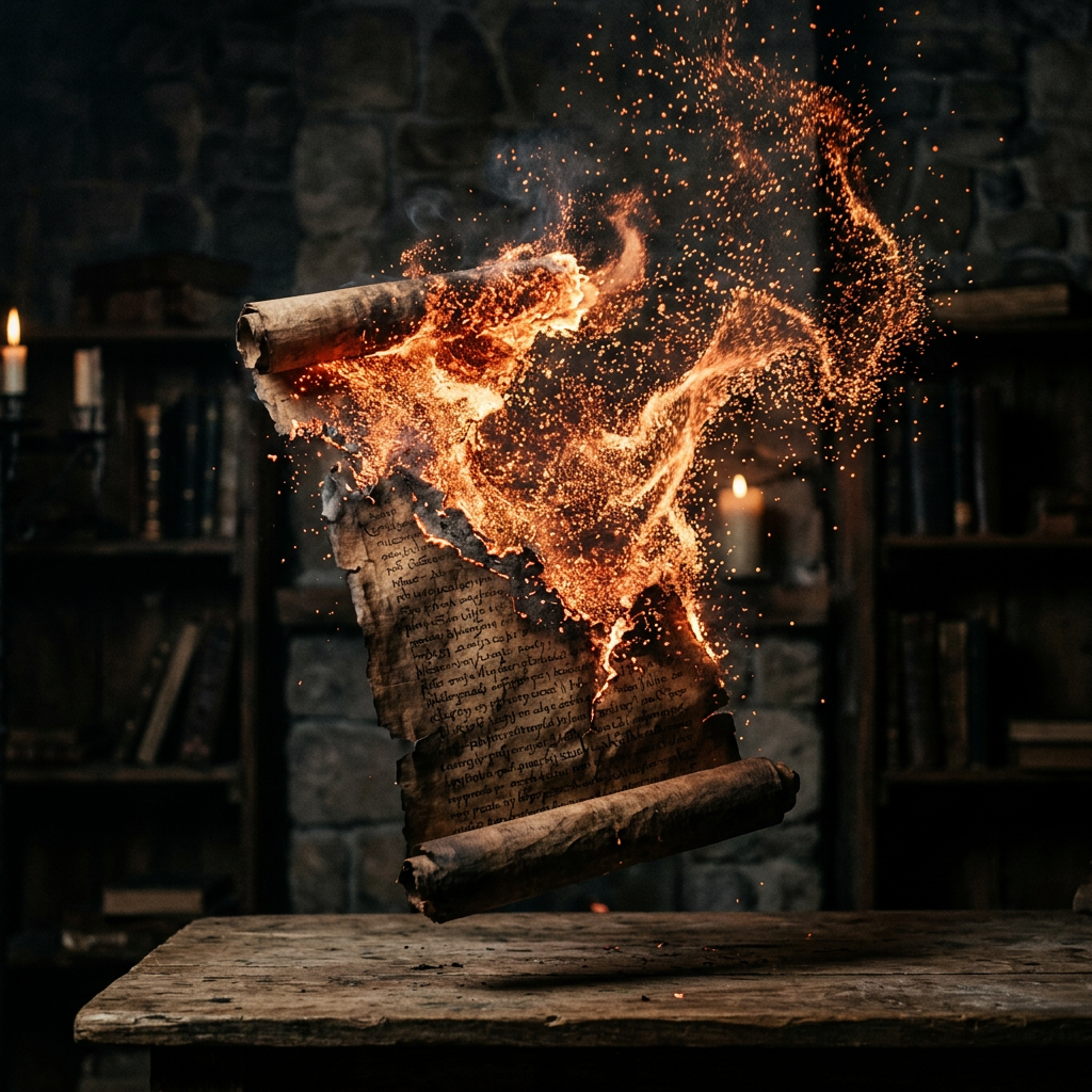 Burning ancient scroll emitting bright sparks and flames suspended above a wooden table