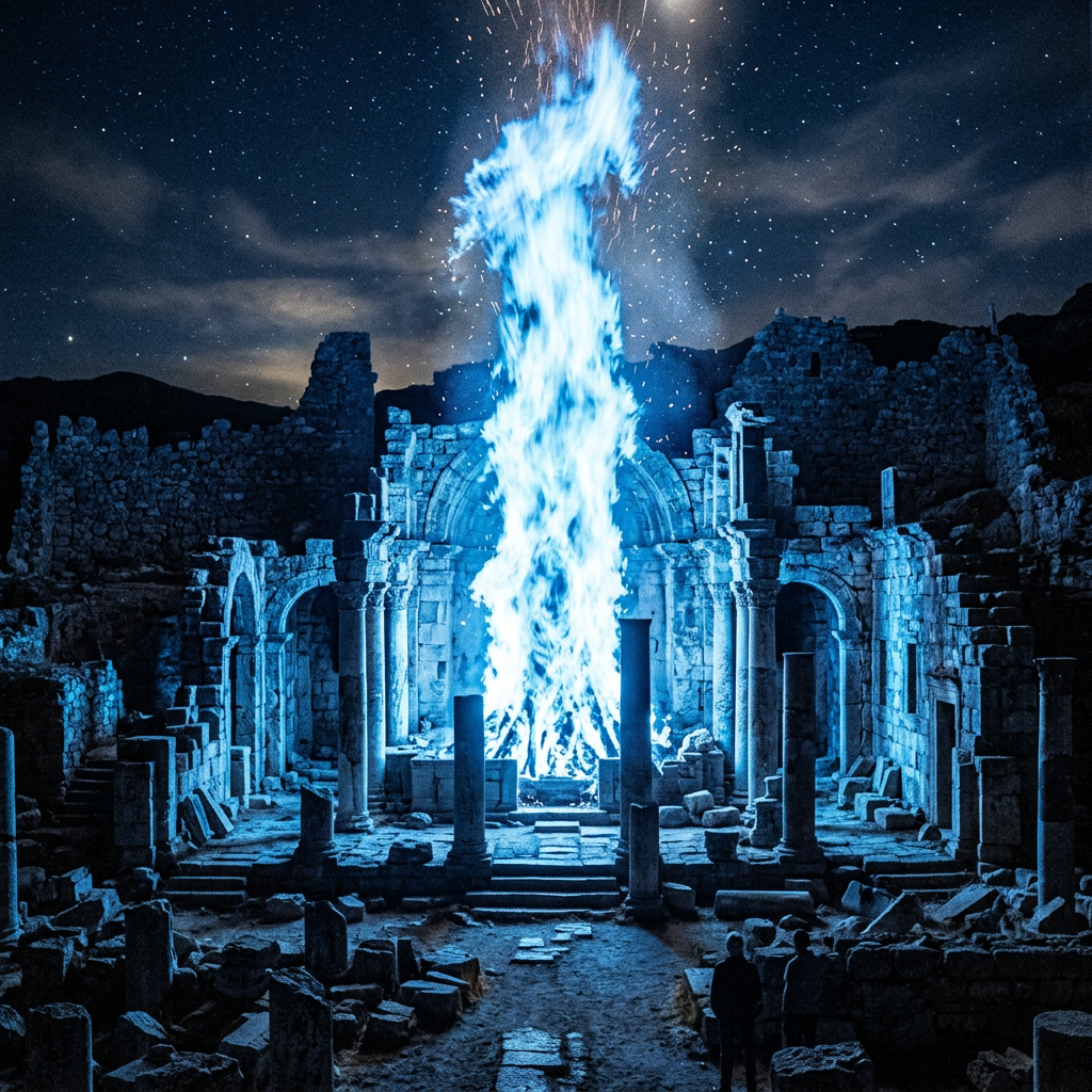 Ancient stone ruins illuminated by a large, intense blue flame at night