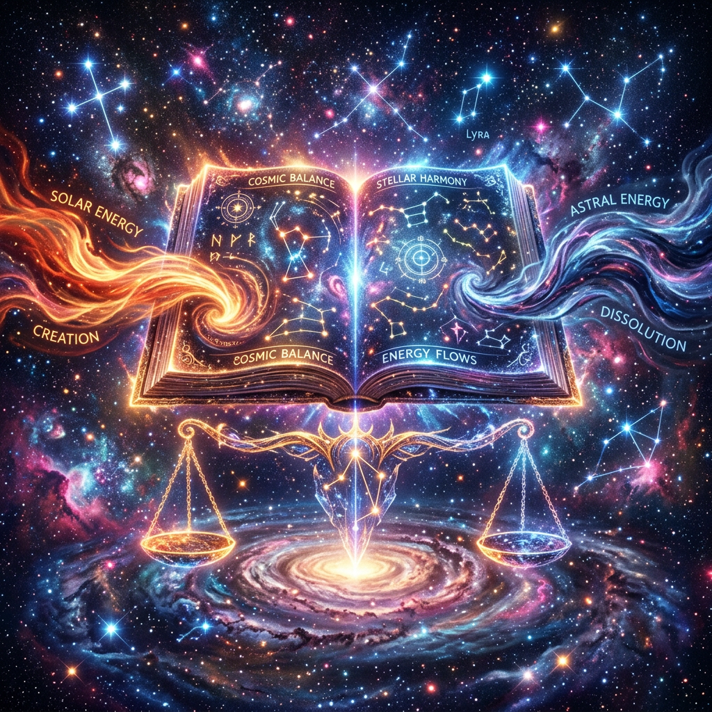 Open magical book with cosmic constellations, solar and astral energy streams, and celestial balance scales.