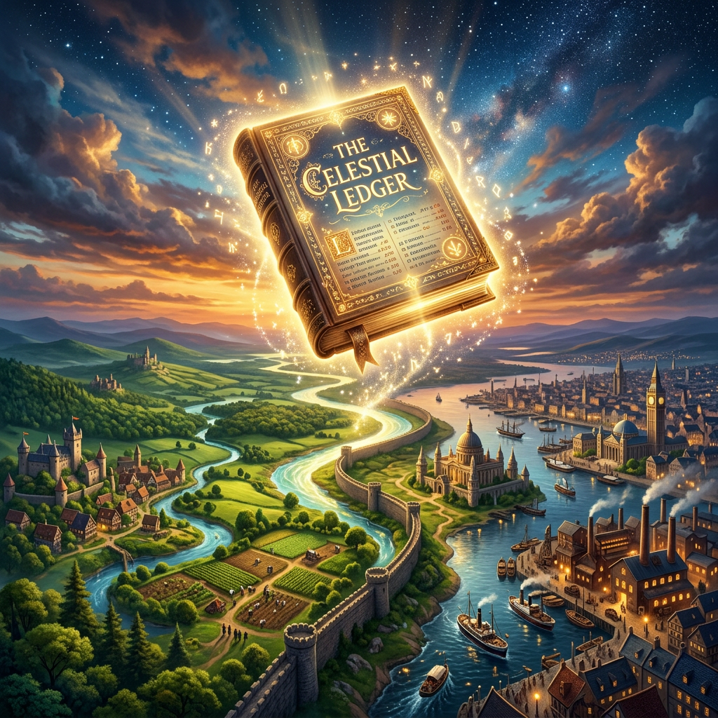 A glowing book titled 'The Celestial Ledger' floats above a landscape featuring rivers, castles, farms, and a city harbor with ships.