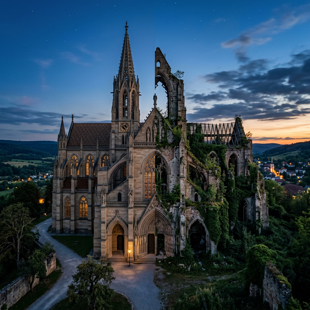 Partially restored Gothic church with illuminated windows and overgrown ruins at twilight
