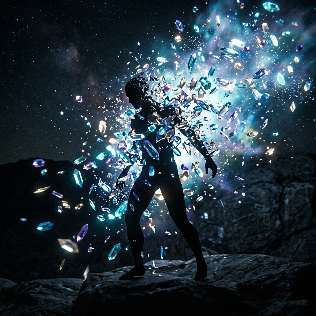Silhouette of a person shattering into glowing blue and purple crystals with a starry background