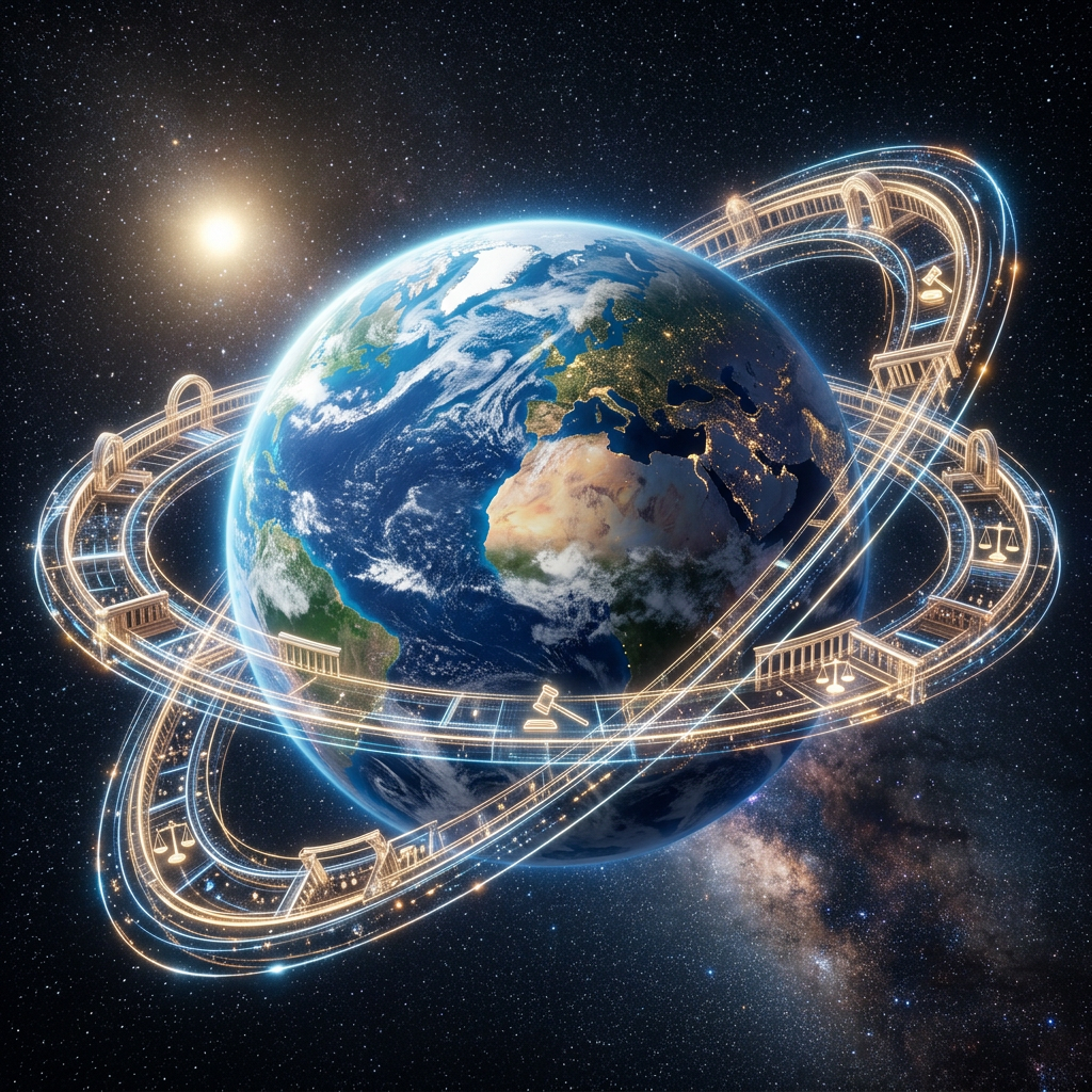 Earth with glowing digital rings showing legal symbols like scales and gavels revolving around it in space