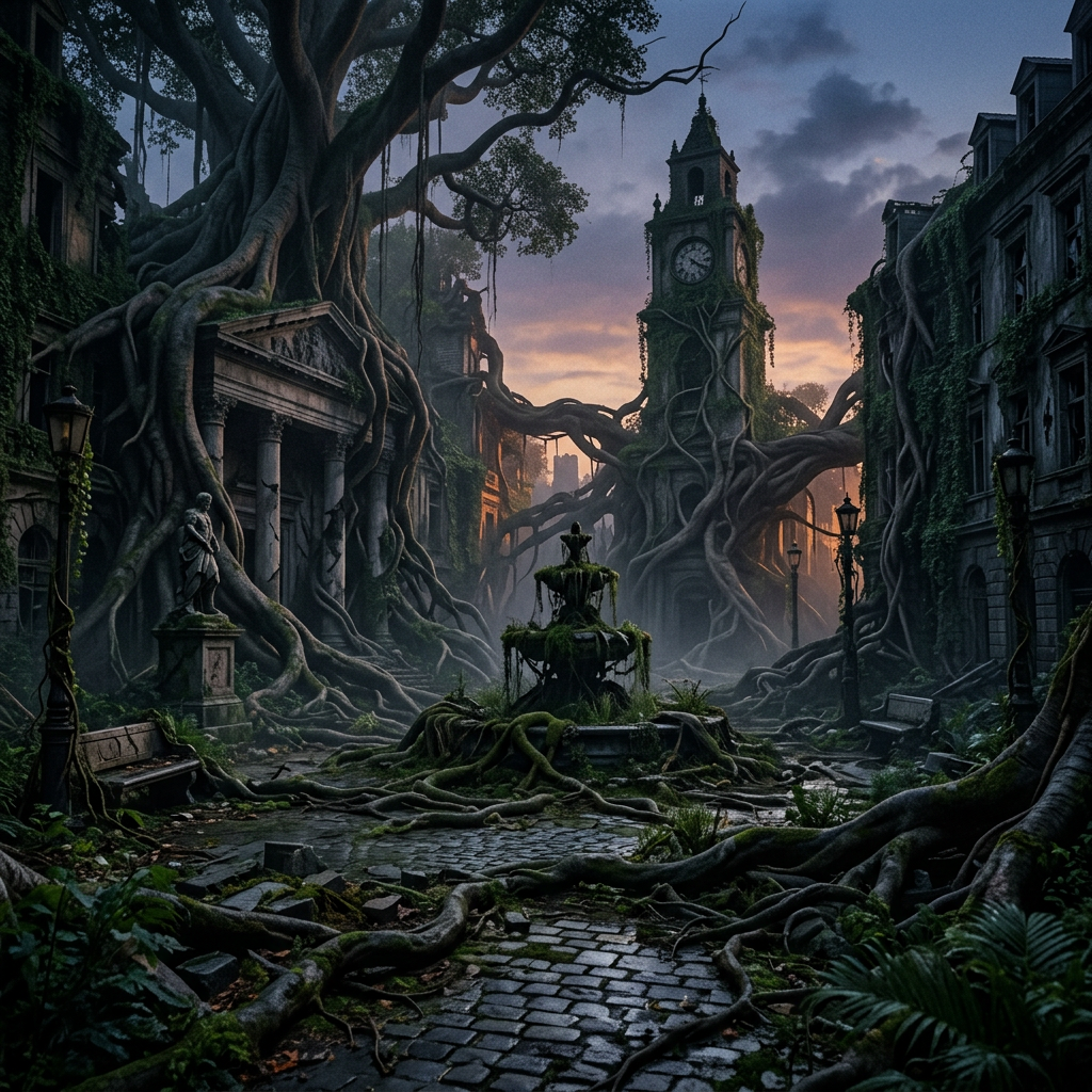City square with clock tower, fountain, and statues overtaken by huge tree roots and vines