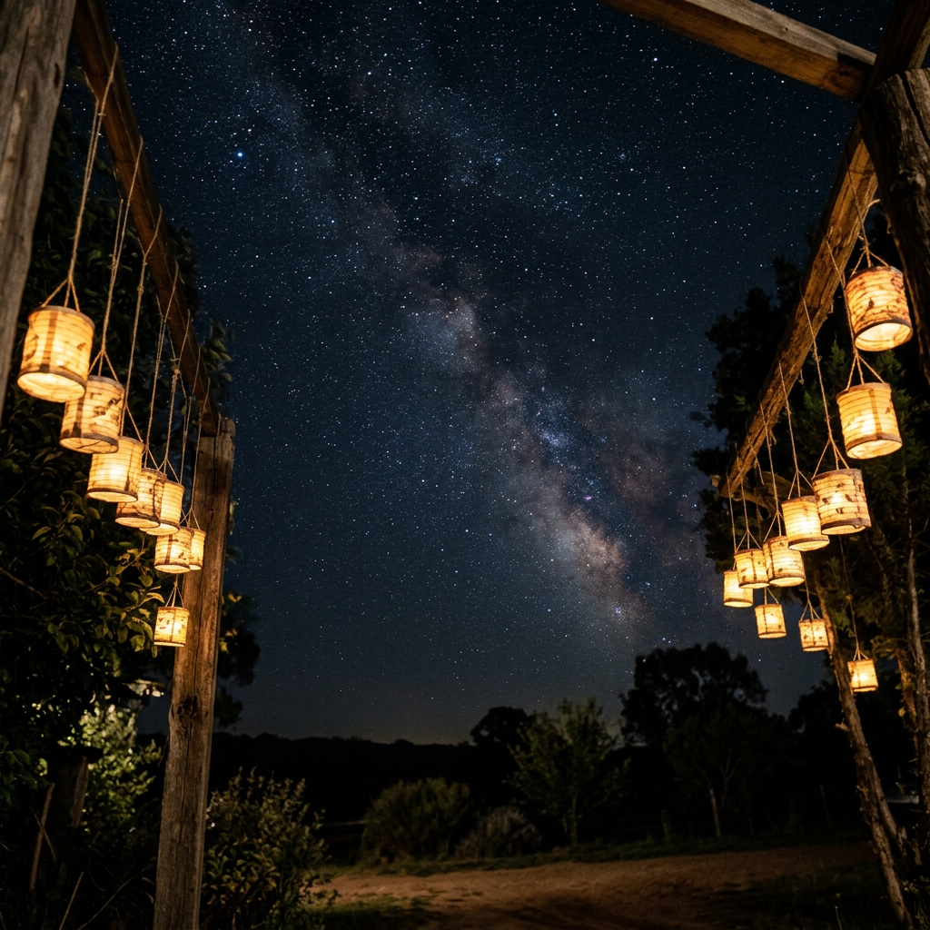 Lanterns hanging from wooden beams with a star-filled night sky and Milky Way in the background