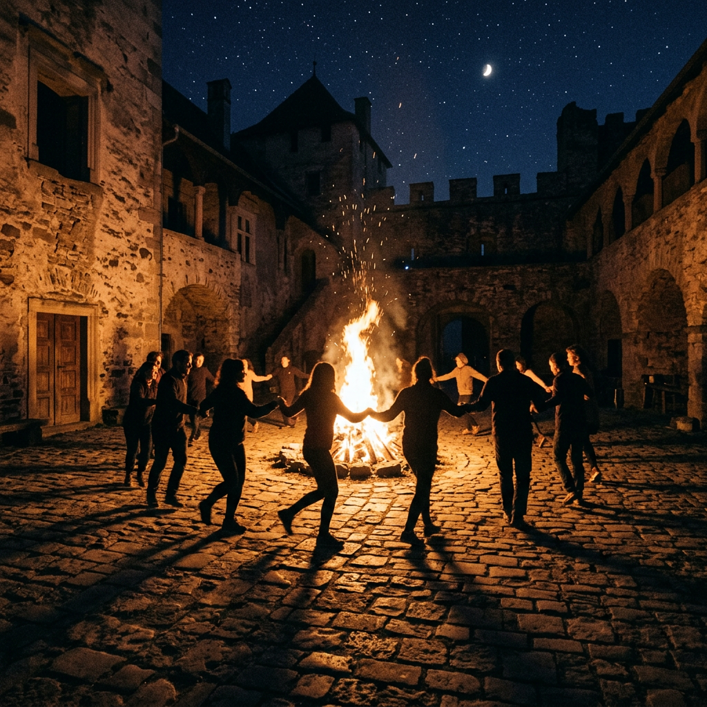 Group of people dancing in circle around a bonfire in a stone courtyard at night