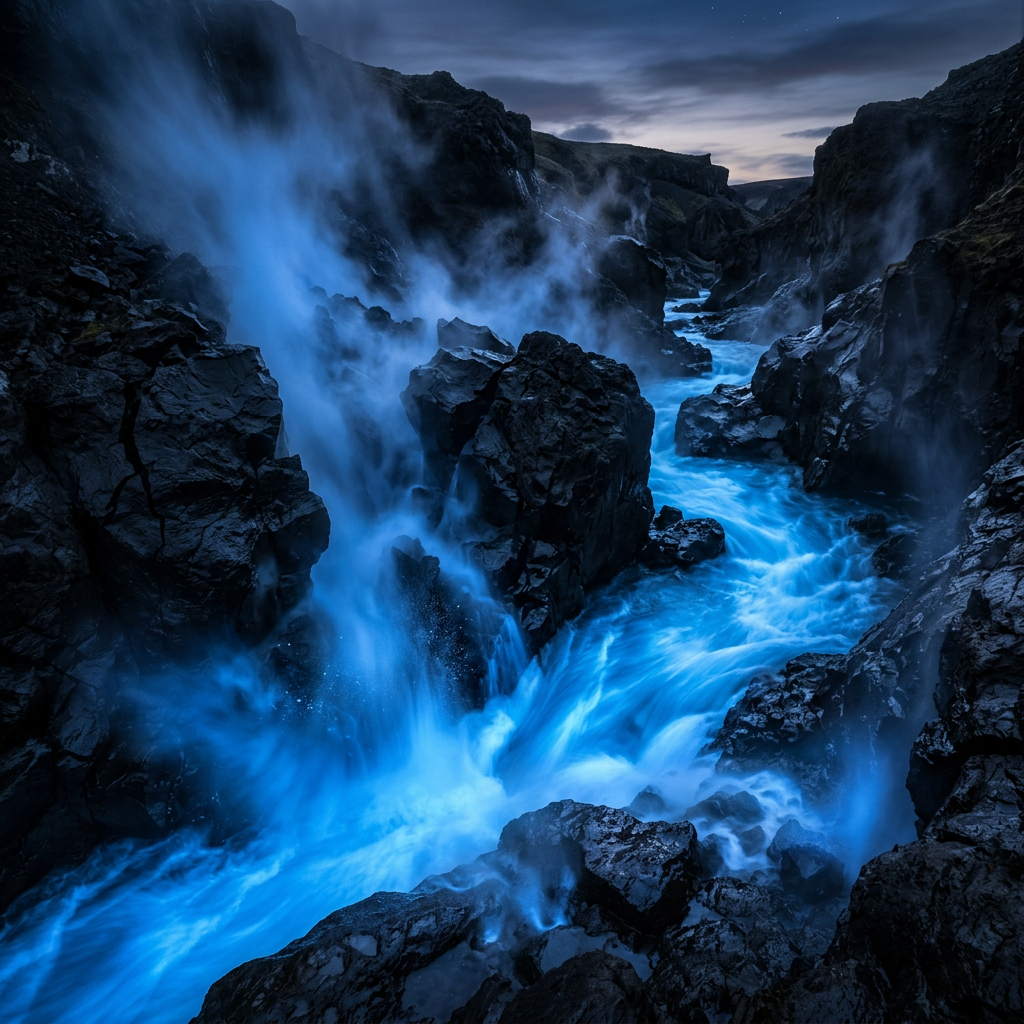 Blue waterfall flowing through rocky canyon with mist and turbulent water