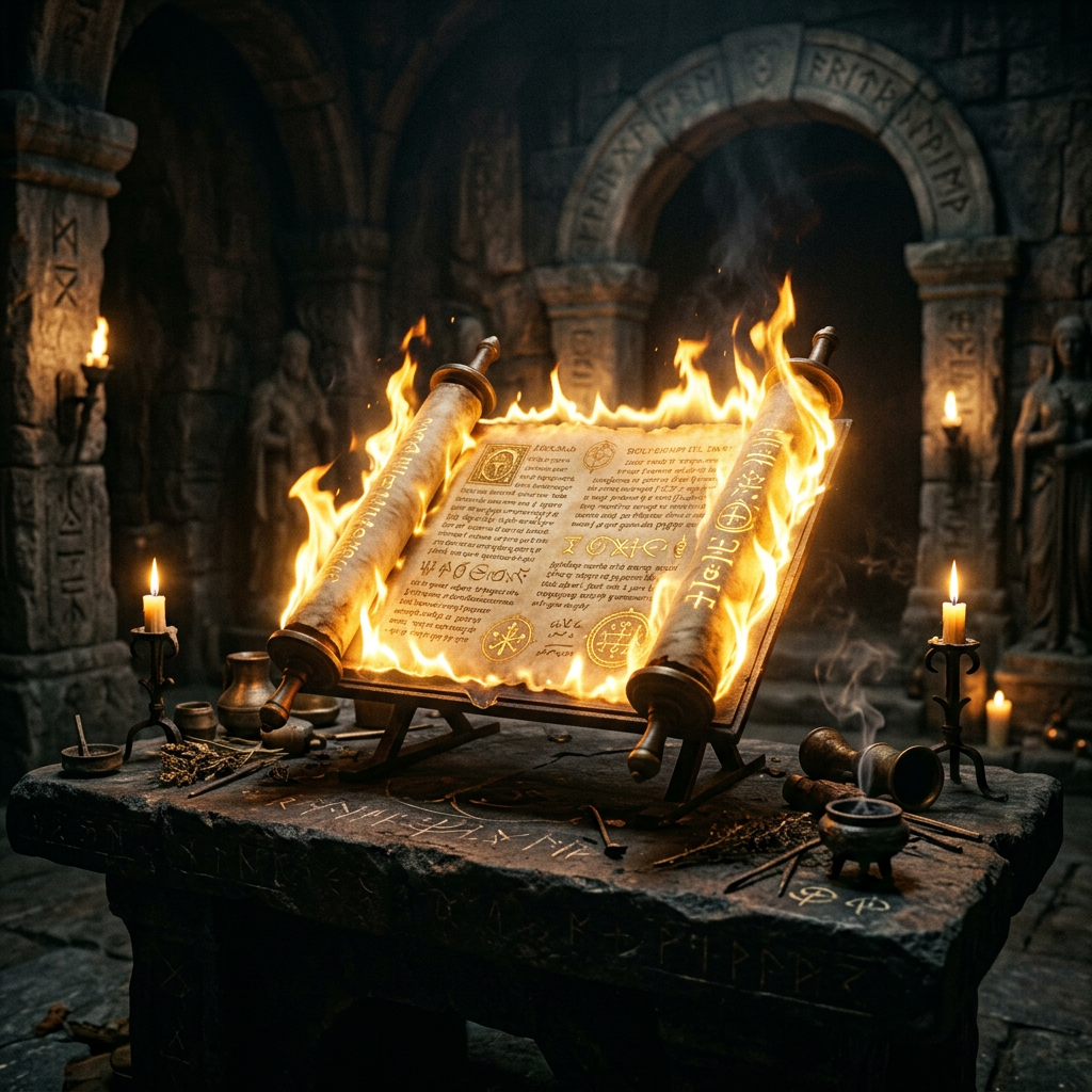 Ancient scroll burning with magical flames on stone altar with candles and ritual items in dark chamber