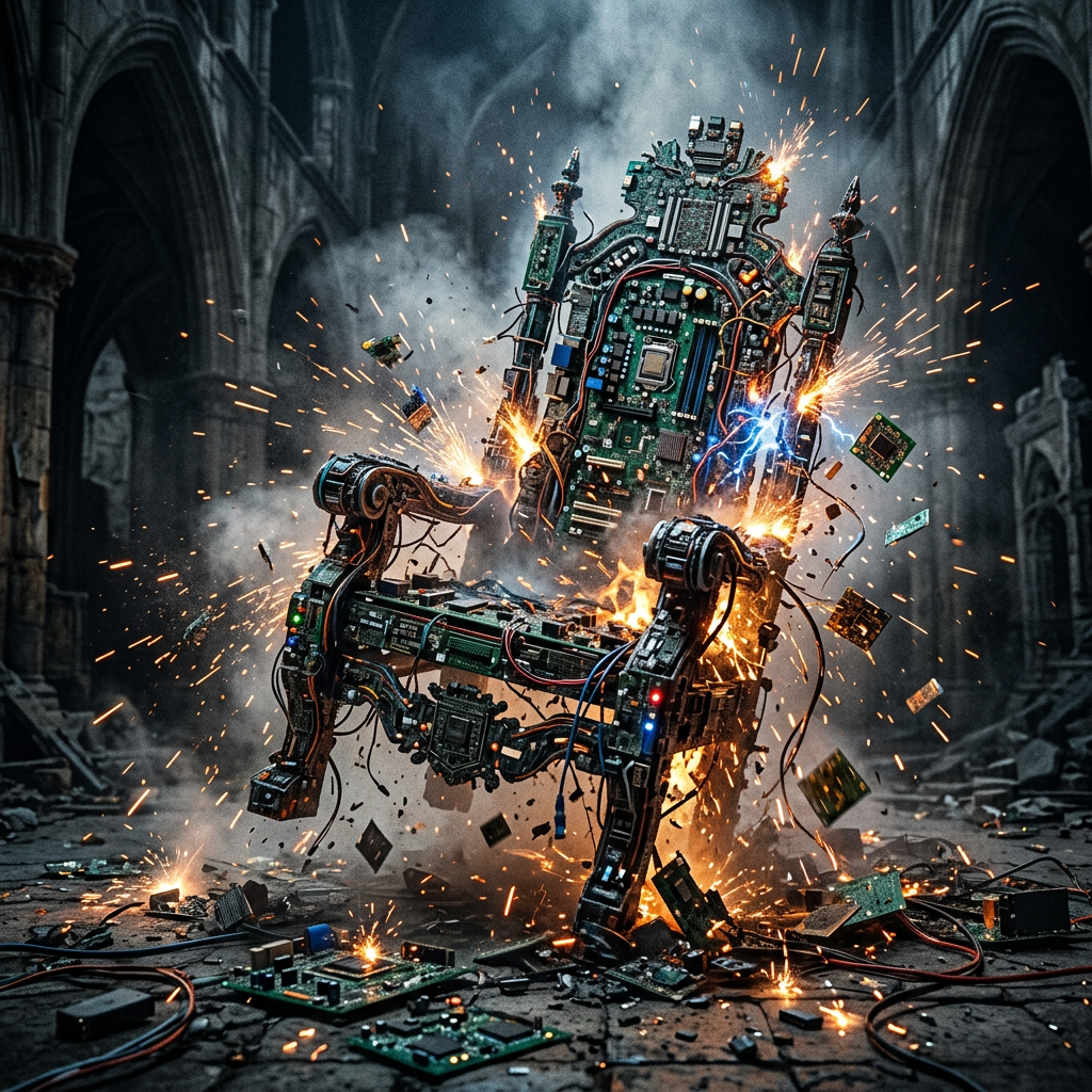 Cybernetic throne made of circuit boards and wires exploding with sparks inside a gothic cathedral