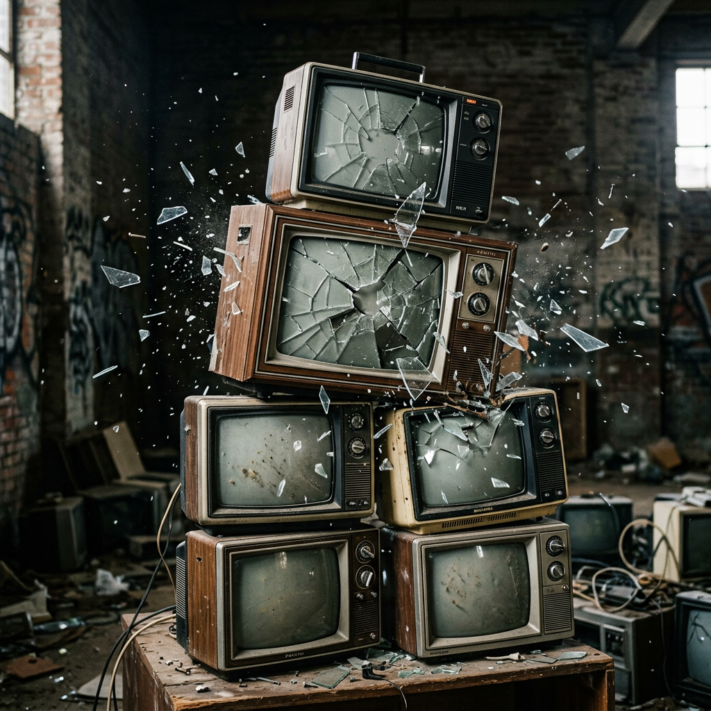 Stack of six old televisions with cracked screens and scattered glass shards