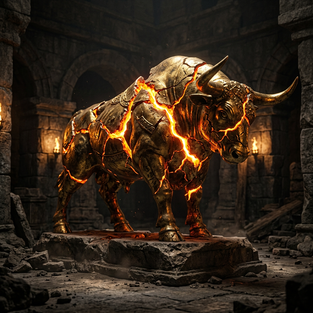 Golden bull statue with glowing lava-like cracks on a stone pedestal in an ancient stone chamber