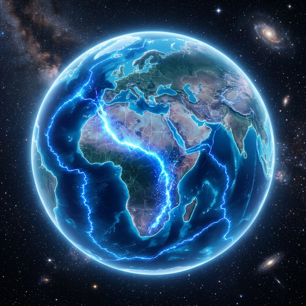 Earth with illuminated tectonic plate boundaries glowing blue against a starry space background