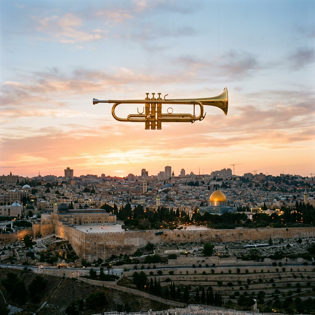 Golden trumpet suspended over Jerusalem skyline at sunset with Dome of the Rock visible