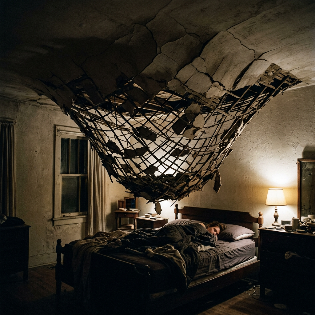 Bedroom with damaged ceiling collapsing above sleeping person