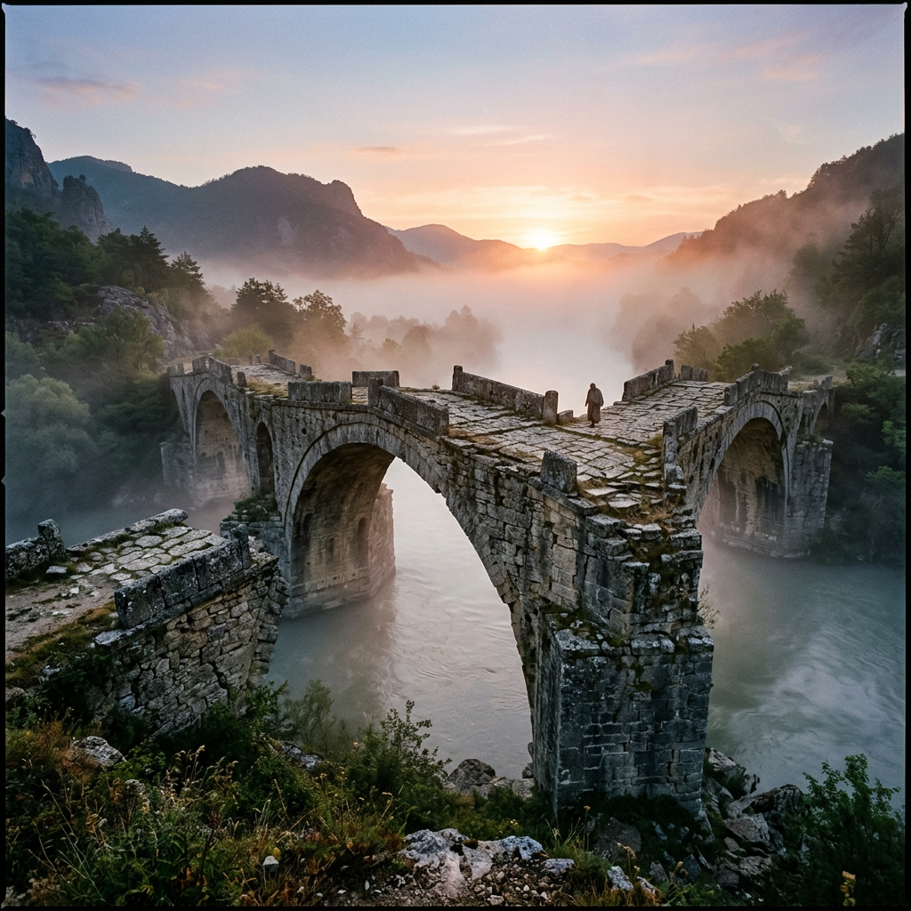 Ancient stone bridge spanning a river with a person walking on it and misty mountains in the background