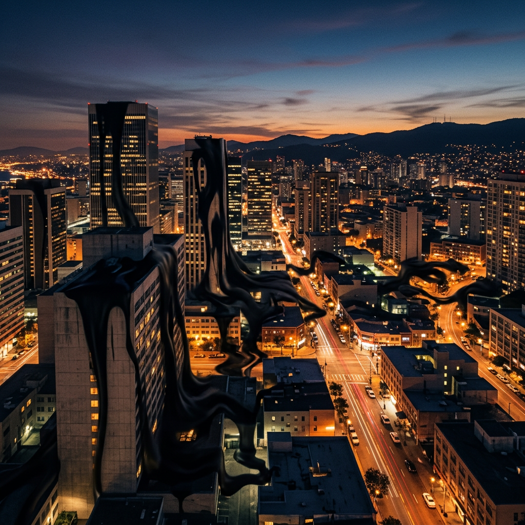 City skyline at night with streets lit and black liquid-like substance flowing down buildings.