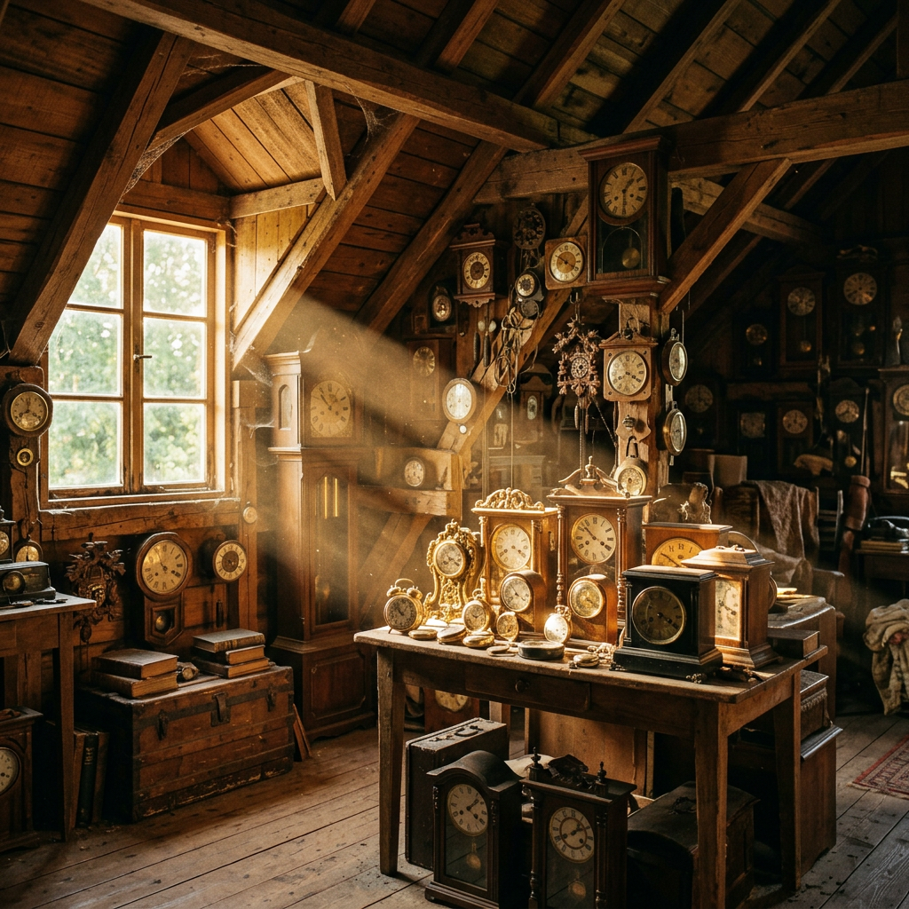Attic workshop filled with numerous vintage clocks on a table and walls