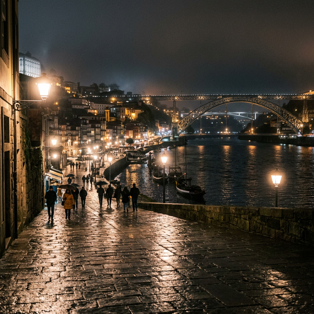 Nighttime riverside walkway with people and a lit arched bridge over water