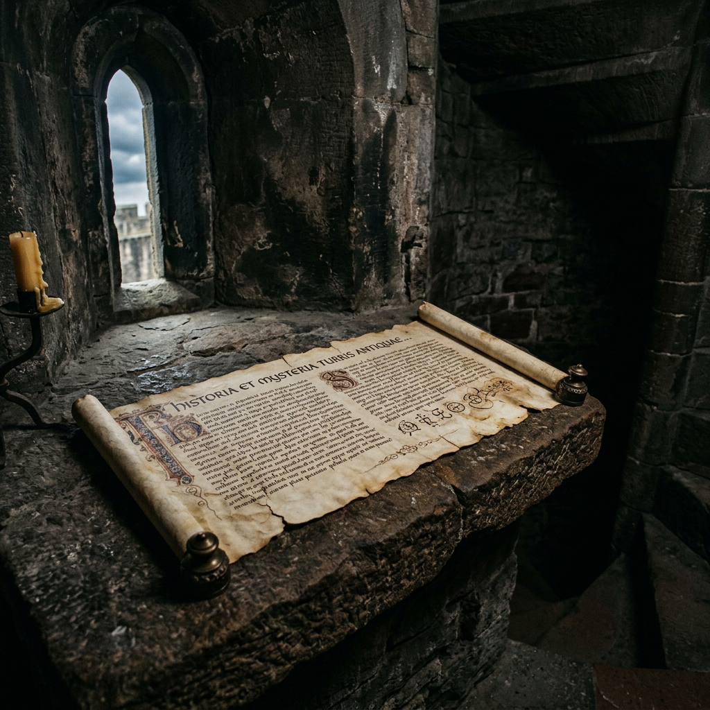 Ancient scroll with Latin text on a stone surface in a medieval turret