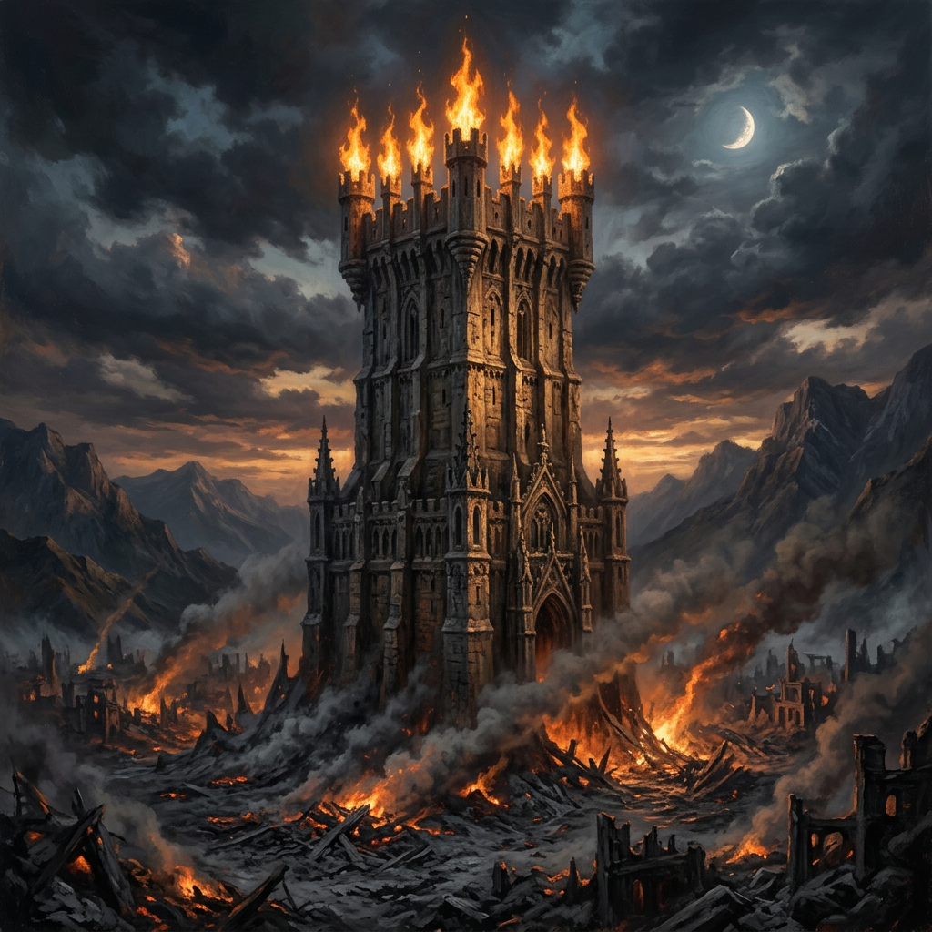 A large stone fortress tower with burning flames atop surrounded by ruins and smoke under a crescent moon.