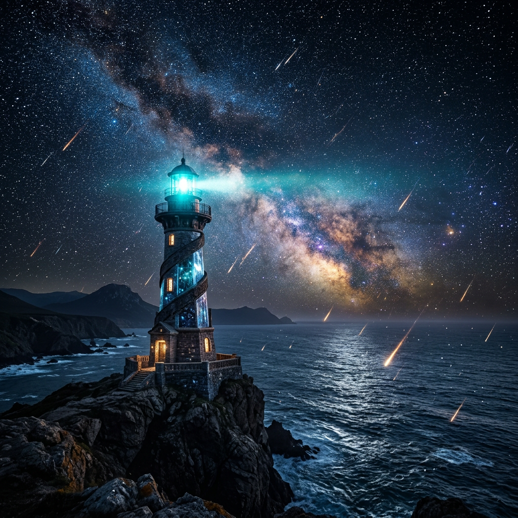 Lighthouse emitting bright beam by ocean under meteor shower and Milky Way galaxy