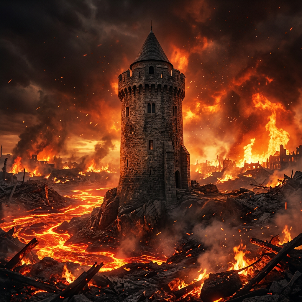 A medieval stone tower surrounded by rivers of lava and burning ruins under a smoky sky