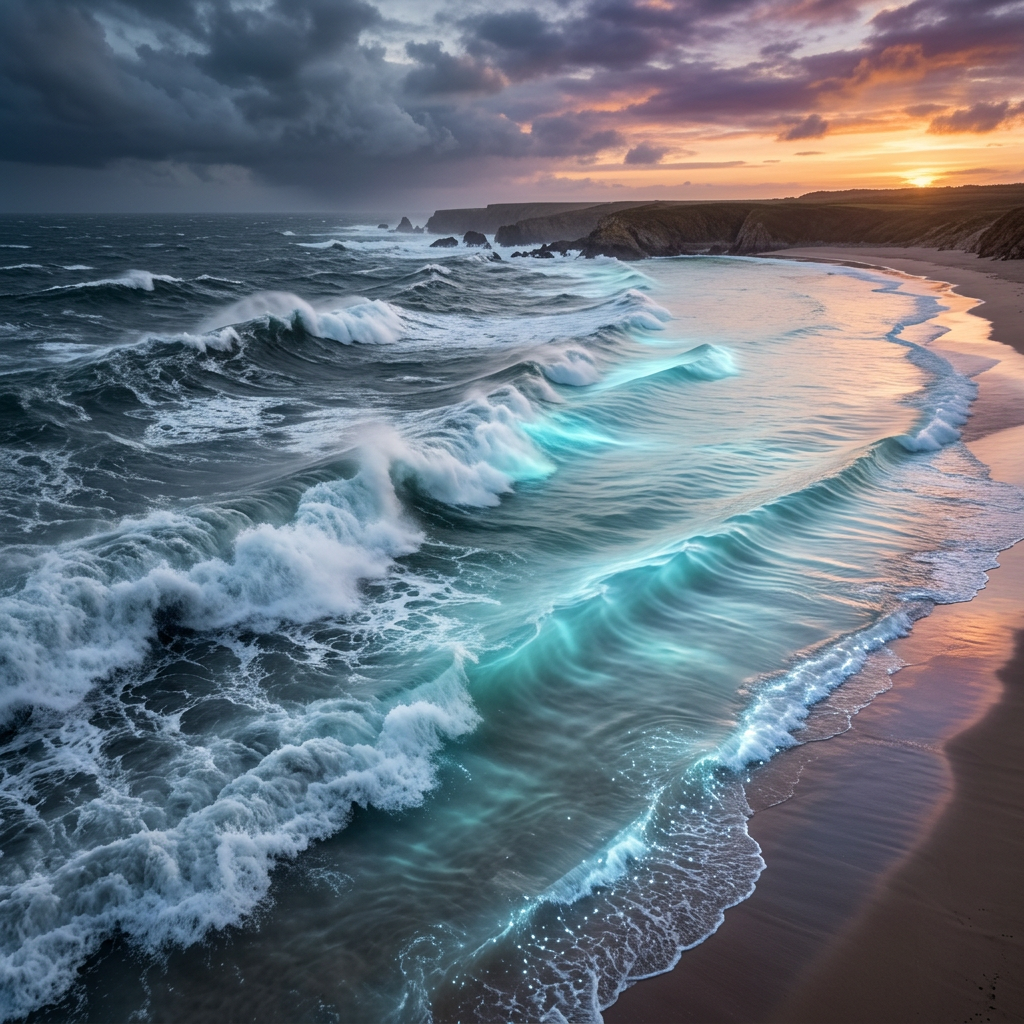 Ocean waves glowing blue with bioluminescence at a sandy beach during sunset