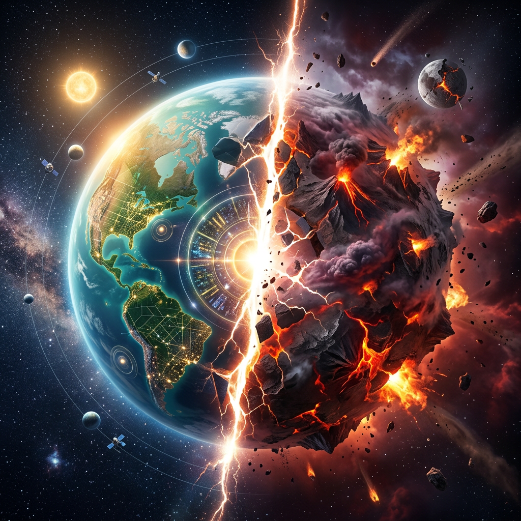Earth split in half showing a digital networked surface and a fiery volcanic, cracked surface with molten lava and asteroids.