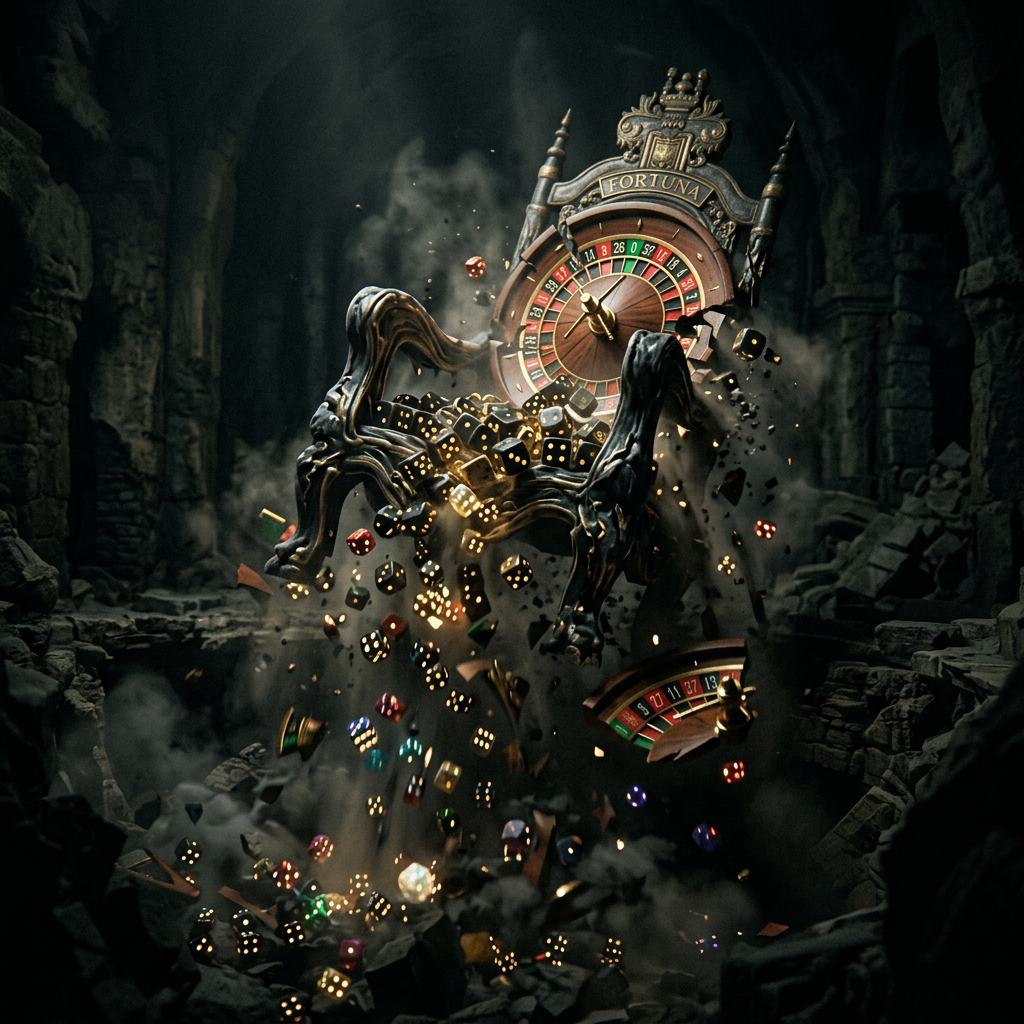 Fortuna roulette wheel breaking apart with flying dice and debris