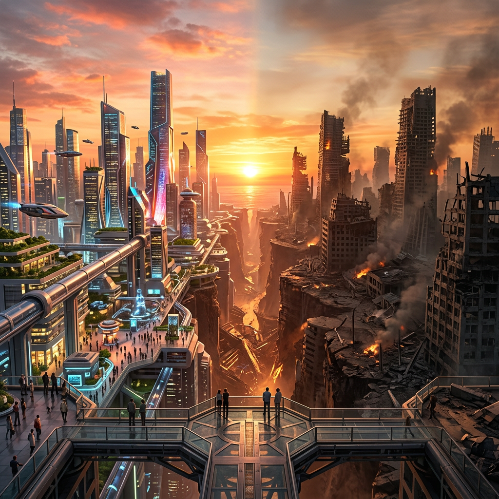 Futuristic cityscape with sleek skyscrapers and flying vehicles next to destroyed buildings in ruins with fires and smoke at sunset